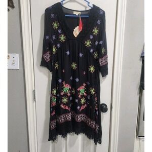 Ruby Yaya Celebrano Dress XS Black Embroidered Boho Peasant Lace Hem 3/4 Sleeve